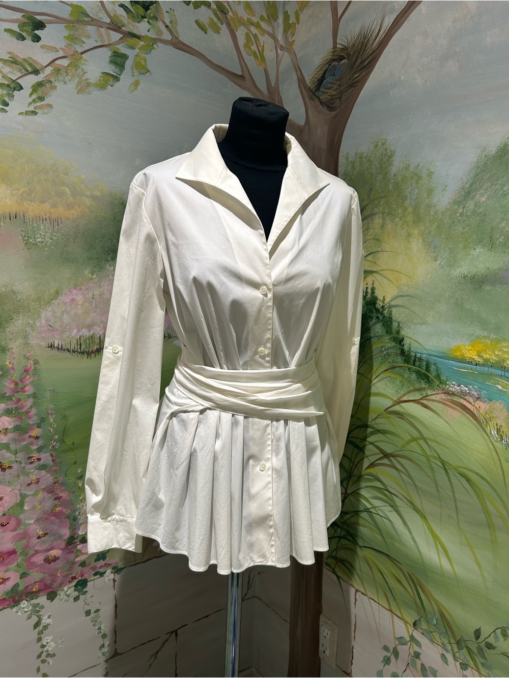 Vintage Lafayette 148 New York White Pleated Wrap Tie Waist Button-Down Shirt - Picture 7 of 10
